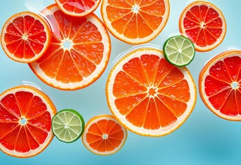 Vibrant citrus slices of grapefruit, orange & lime floating in water,   wet,   stock