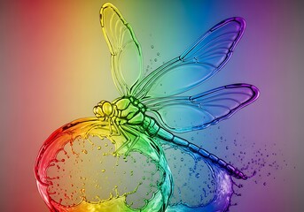 Obraz premium Abstract dragonfly crafted from vibrant spectrum of colors sitting atop a sphere of rippling waters