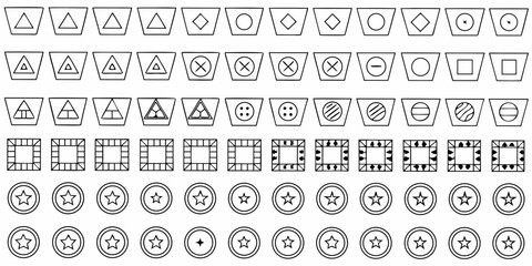 Collection of simple geometric shapes and icons in trapezoid frames