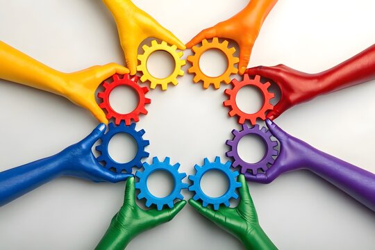 Hands painted in rainbow colors connecting gears in a circle teamwork unity