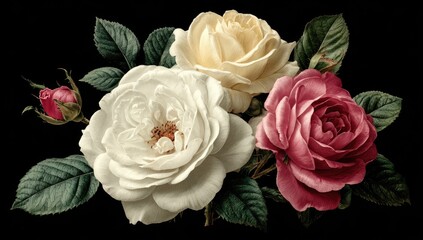 Roses in vintage style,  cream, white, and pink,  on black