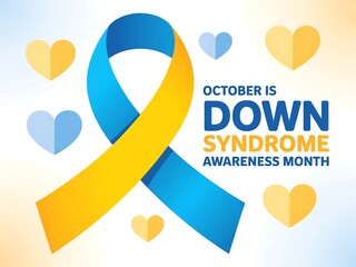 October is down syndrome awareness month with blue and yellow ribbon and hearts