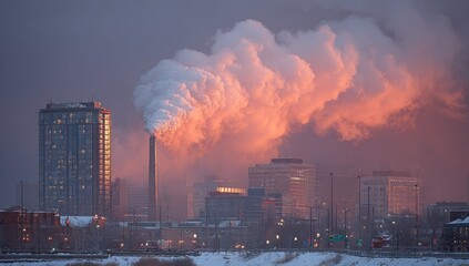 Industrial cityscape at dawn, smoke plumes