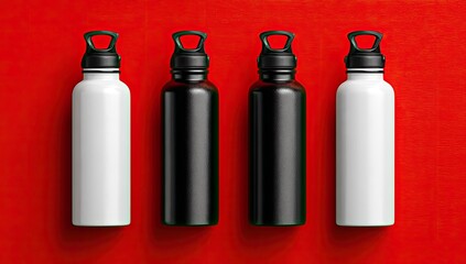 Four aluminum water bottles, white, black, and white, arranged vertically on a red background, each with a green handle