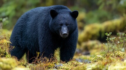 Obraz premium A majestic black bear stands tall amidst a lush forest with a focused and powerful gaze forward