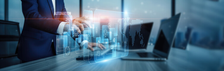 Automation. Hand touching robotic automation control systems, workflow connection on virtual screen optimization efficiency productivity AI process monitoring integration scalability intelligence.