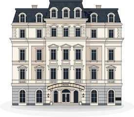  vintage European hotel with a Mansard roof and a classic facade