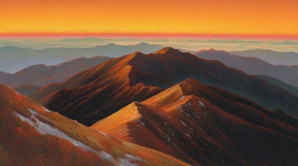 Naklejka premium Vibrant sunset over majestic mountain range with colorful sky and rugged peaks du evening landscape scene