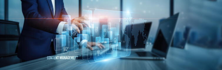 Content management. Hand touching digital content management platforms, workflow connection on virtual screen publishing storage indexing metadata automation collaboration organization security.