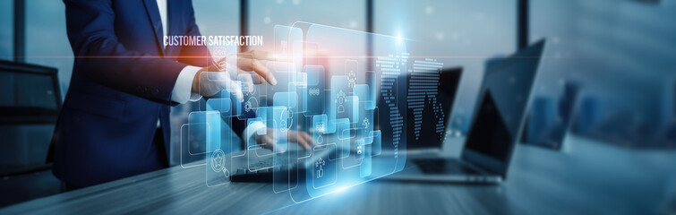 Customer satisfaction concept. Hand touching service quality analytics platforms, feedback connection on virtual screen personalization loyalty automation performance experience improvement.