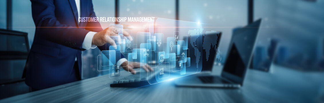 Customer relationship management concept. Hand touching CRM systems and platforms, sales connection on virtual screen engagement data tracking analytics automation loyalty service interaction.