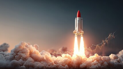 A rocket launches into the sky, leaving a trail of smoke and flames, symbolizing exploration and technological advancement.