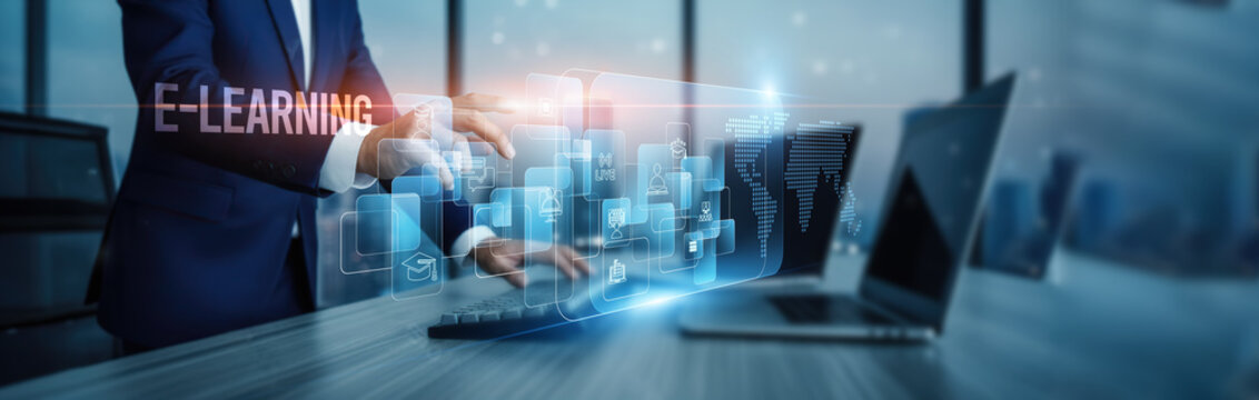 E-learning concept. Hand touching interactive e-learning platforms and systems, knowledge connection on virtual screen digital module training assessments collaboration engagement automation content.