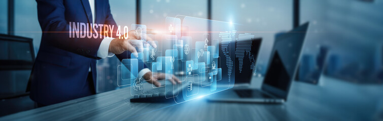 Industry 4.0 concept. Hand touching smart factory automation innovation, digital connection on virtual screen IoT robotics cyber-physical systems integration data-driven processes productivity.