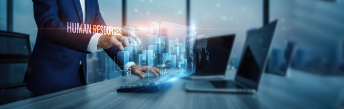 Human resources concept. Hands touching HR management platforms and systems, workforce connection on virtual screen payroll recruitment training compliance analytics performance automation engagement.