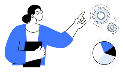 Woman in glasses holding a folder, pointing to gears representing processes and innovation alongside a pie chart. Ideal for technology, business, teamwork, education, research, analytics, leadership