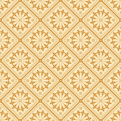 Elegant vintage floral geometric fabric pattern with golden brown ornamental motifs, seamless retro-inspired textile design perfect for upholstery, curtains, wallpapers, tablecloths, and classic 