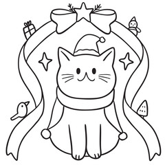 Cute Christmas Cat with Festive Ribbon Illustration.