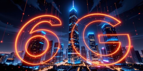 6G technology concept. Futuristic cityscape showcasing vibrant 6G technology.
