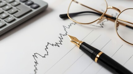 Fototapeta premium A professional, top-down flat lay photograph centered on a close-up view of a financial chart or graph printed on white paper, featuring a jagged black line illustrating market fluctuations.