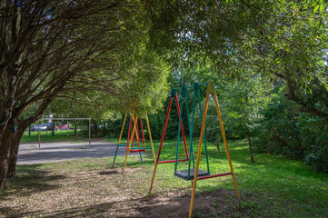 Empty swings in the autumn courtyard.