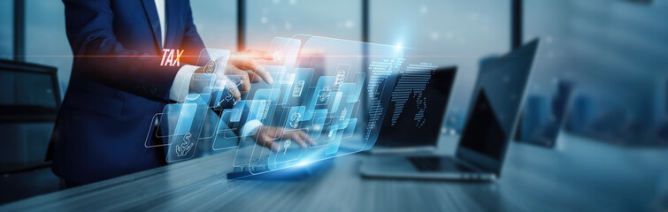 Tax concept. Hand touching digital tax compliance platforms, finance connection on virtual screen...