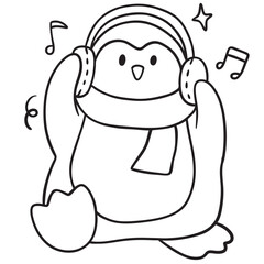 Doodle of Penguin with Headphones and Scarf.
