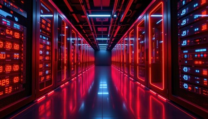 Obraz premium 6G technology concept. Futuristic server room illuminated with red lights and sleek design.