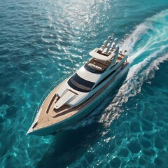 Fototapeta premium Aerial view of a sleek luxury yacht cruising across crystal-clear turquoise ocean, sunlight sparkling on the water surface, no people, ultra-realistic 3D render,Generative Ai 