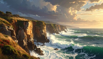Dramatic coastal scenery depicts powerful waves crashing against rugged cliffs at sunset, showcasing a vibrant palette of golds, greens, and grays.