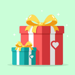 Vector art of two gift boxes, one large red and one small teal, tied with yellow bows and decorated with white hearts, set against a light green background with sparkling highlights