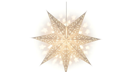 Illuminated eight pointed star shaped lantern with intricate cutouts hanging on a white background