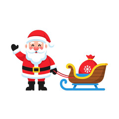 Vector art of cute cartoon santa claus waving and pulling a sleigh full of gifts
