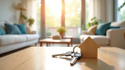 Comfortable living room interior with a modern sofa, wooden table, and natural light from a large window.