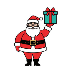 Illustration of a cheerful cartoon santa claus holding a teal gift box with a red ribbon
