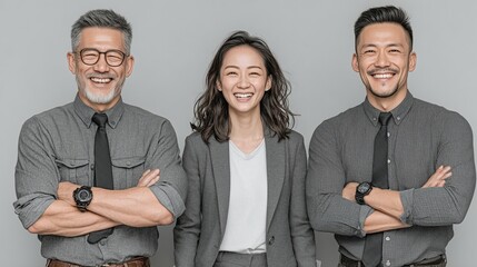 Smiling Team Portrait of Three Asian Office Workers in Professional Business Attire on a Clean Bright Studio Background, Symbolizing Teamwork and Corporate Culture
