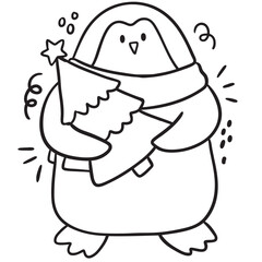Illustration of Penguin Holding Christmas Tree.