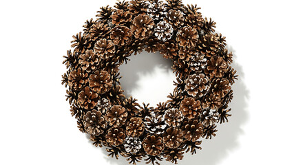 A festive wreath made entirely of pine cones with some cones painted white on a white background