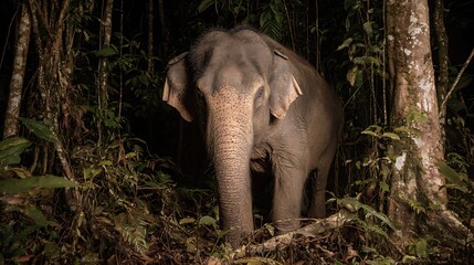 An asian elephant stands in a dark forest illuminated by a light source at night time scene