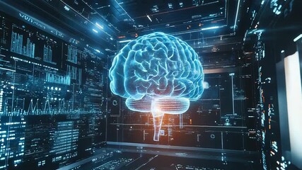 Holographic brain floating in futuristic server room analyzing big data - Powered by Adobe