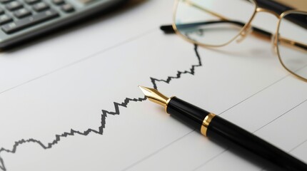A professional, top-down flat lay photograph centered on a close-up view of a financial chart or graph printed on white paper, featuring a jagged black line illustrating market fluctuations.