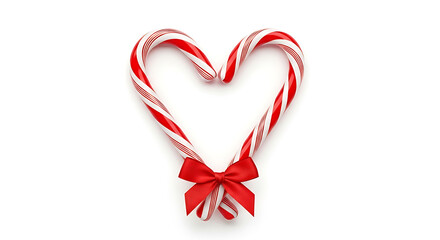 Two candy canes forming a heart shape tied together with a red bow on a white background surface