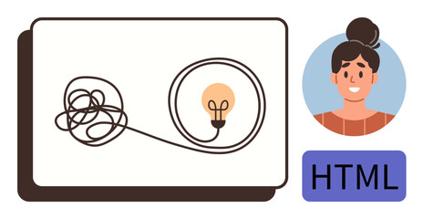 Minimalist tangled wire transforming into a glowing bulb, young woman avatar, and HTML label. Ideal for problem-solving, creativity, coding, innovation, learning, self-development simple flat