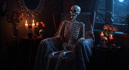 Obraz premium Gothic Halloween Bedroom Corner with Skeleton, Skull Candles, and Moonlit Decor