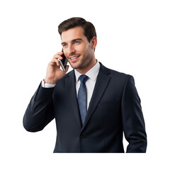 Confident Business Professional in Suit Talking on Mobile Phone, PNG transparan background