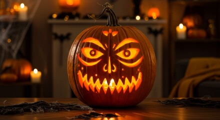 Fototapeta premium Indoor Halloween Living Room with Glowing Carved Pumpkin Lantern and Spooky Fireplace Decor
