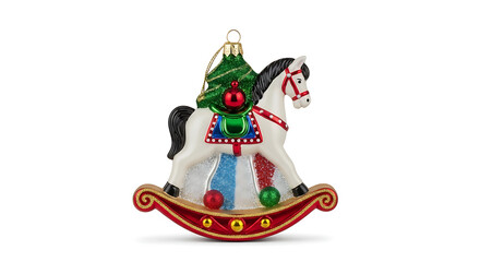 Ornate rocking horse christmas ornament with tree and balls on a white background for holiday decor