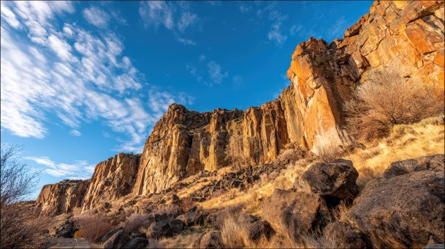 Wide-angle view of rugged rocky canyon cliffs with layered formations and sparse dry vegetation under blue sky with clouds - Powered by Adobe