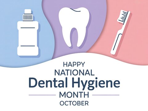 Celebrate national dental hygiene month with a toothbrush mouthwash and a healthy tooth illustration