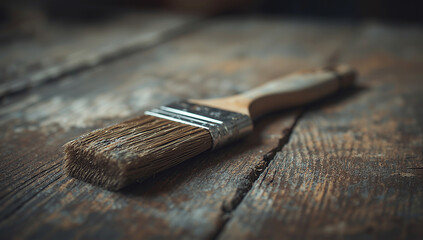 Close-up of a worn, old paintbrush with natural bristles resting on a rustic, weathered wooden table surface, capturing a vintage aesthetic